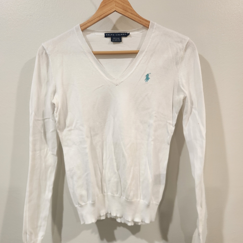 Ralph Lauren 100% Pima Cotton White Long Sleeve V-Neck Top